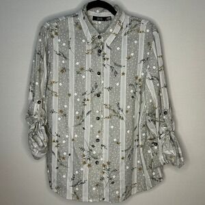 Tapestry Vintage Button Up Shirt Gray Floral Striped Roll Tab Sleeve Women L USA